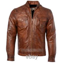 Mens Biker Motorcycle Vintage Cafe Racer Distressed Brown Leather Jacket