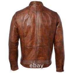 Mens Biker Motorcycle Vintage Cafe Racer Distressed Brown Leather Jacket