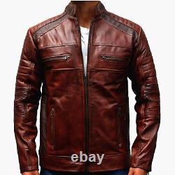 Mens Biker Motorcycle Vintage Distressed Brown Bomber Lamb Skin Leather Jacket