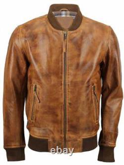 Mens Biker Motorcycle Vintage Distressed Brown Bomber Leather Jacket
