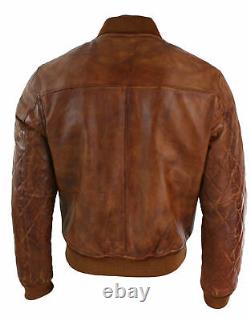 Mens Biker Motorcycle Vintage Distressed Brown Bomber Leather Jacket