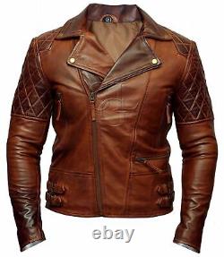 Mens Biker Motorcycle Vintage Distressed Brown Genuine Real Leather Jacket
