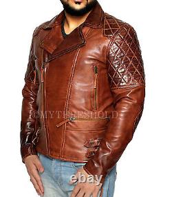 Mens Biker Motorcycle Vintage Distressed Brown Leather Jacket