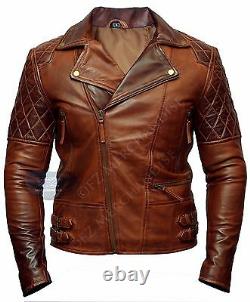Mens Biker Motorcycle Vintage Distressed Brown Leather Jacket B6