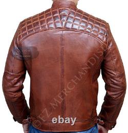 Mens Biker Motorcycle Vintage Distressed Brown Leather Jacket Retro Racer