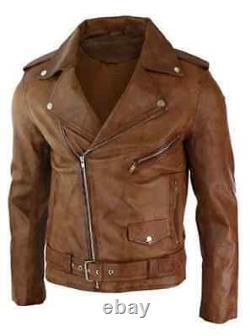 Mens Biker Motorcycle Vintage Distressed Brown Real Leather Jacket