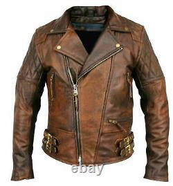 Mens Biker Motorcycle Vintage Distressed Brown Real Leather Jacket Retro Antique