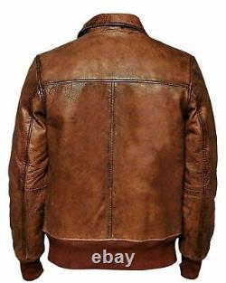Mens Biker Motorcycle Vintage Distressed Brown Winter Bomber Leather Jacket