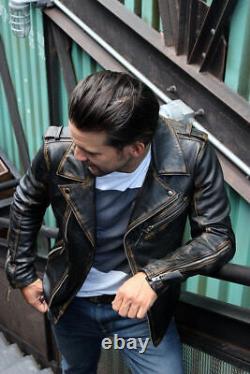 Mens Biker Motorcycle Vintage Distressed Brown Winter Leather Jacket