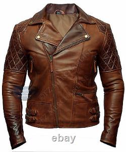 Mens Biker Motorcycle Vintage Distressed Brown Winter Leather Jacket Cafe Racer