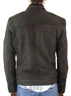 Mens Biker Motorcycle Vintage Distressed Brown Zip Short Leather Jacket Suede
