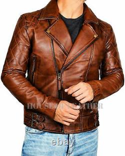 Mens Biker Motorcycle Vintage Distressed Cafe Racer Brown Real Leather Jacket
