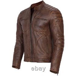 Mens Biker Motorcycle Vintage Genuine Brown Distressed Leather Jacket Xs-3xl