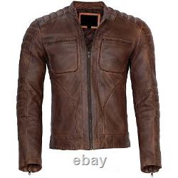Mens Biker Motorcycle Vintage Genuine Brown Distressed Leather Jacket Xs-3xl