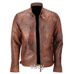 Mens Biker Quilted Vintage Distressed Motorcycle Cafe Racer Leather Jacket