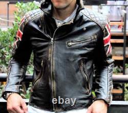 Mens Biker Quilted Vintage Motorcycle Distressed Brown Cafe Racer Leather Jacket