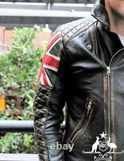 Mens Biker Quilted Vintage Motorcycle Distressed Brown Cafe Racer Leather Jacket