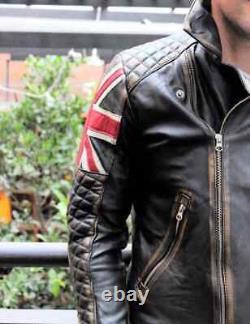 Mens Biker Quilted Vintage Motorcycle Distressed Brown Cafe Racer Leather Jacket