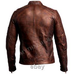 Mens Biker Vintage Antique Brown Cafe Racer Real Leather Jacket Motorcycle