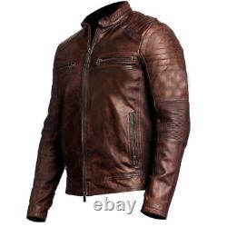 Mens Biker Vintage Distressed Brown Biker Cafe Racer New Style Leather Jacket