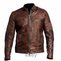 Mens Biker Vintage Distressed Brown Cafe Racer Leather Jacket