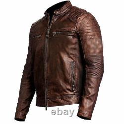 Mens Biker Vintage Distressed Brown Cafe Racer Leather Jacket