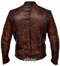 Mens Biker Vintage Distressed Brown Cafe Racer Leather Jacket B9