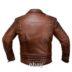 Mens Biker Vintage Distressed Brown Cafe Racer Motorcycle Real Leather Jacket