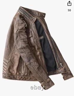 Mens Biker Vintage Distressed Brown Cafe Racer Real Lambskin Leather Jacket