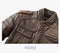 Mens Biker Vintage Distressed Brown Cafe Racer Real Lambskin Leather Jacket