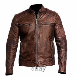 Mens Biker Vintage Distressed Brown Motorcycle Cafe Racer Leather Jacket