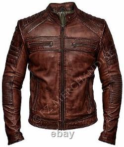 Mens Biker Vintage Distressed Brown Racer Leather Jacket
