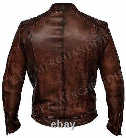 Mens Biker Vintage Distressed Brown Racer Leather Jacket