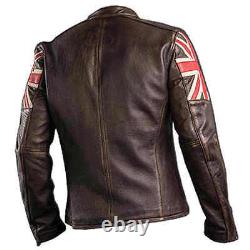 Mens Biker Vintage Distressed Brown Union Jack Cafe Racer Leather Jacket
