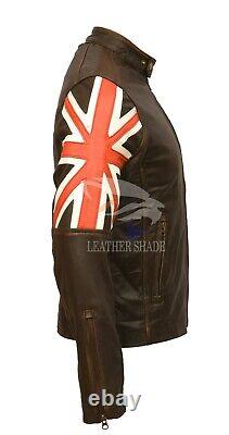 Mens Biker Vintage Distressed Brown Union Jack Cafe Racer Leather Jacket UK Flag