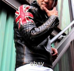 Mens Biker Vintage Distressed Brown Union Jack Cafe Racer Leather Jacket UK Flag