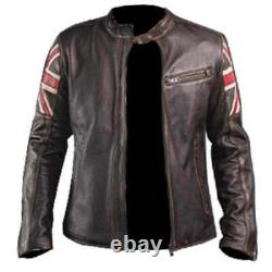 Mens Biker Vintage Distressed Brown Union Jack Cafe Racer Real Leather Jacket/WM