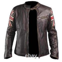 Mens Biker Vintage Distressed Brown Union Jack Racer Cowhide Leather Jacket