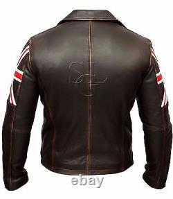 Mens Biker Vintage Distressed Brown Union Jack Racer Cowhide Leather Jacket