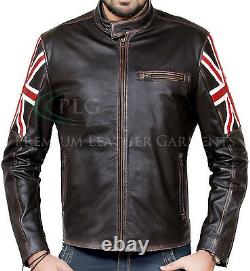Mens Biker Vintage Distressed Brown Union Jack Racer Leather Jacket BNWT