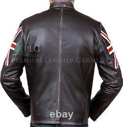 Mens Biker Vintage Distressed Brown Union Jack Racer Leather Jacket BNWT