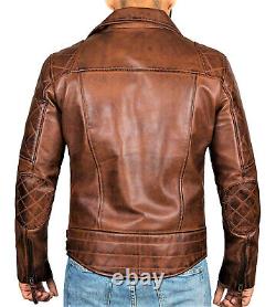 Mens Biker Vintage Distressed Brown Winter Real Leather Motorcycle Jacket