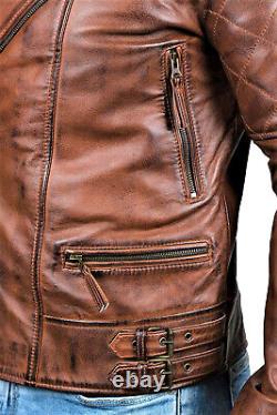 Mens Biker Vintage Distressed Brown Winter Real Leather Motorcycle Jacket