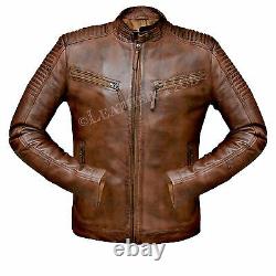 Mens Biker Vintage Distressed Motorcycle Brown Cafe Racer Leather Jacket