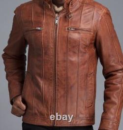 Mens Biker Vintage Distressed Tan Brown Real Leather Jacket Retro Casual