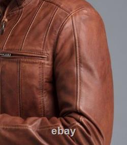 Mens Biker Vintage Distressed Tan Brown Real Leather Jacket Retro Casual