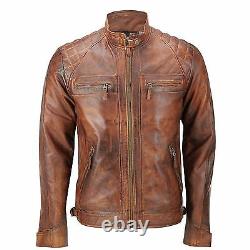 Mens Biker Vintage Motorcycle Cafe Racer Brown Distressed Real Leather Jacket