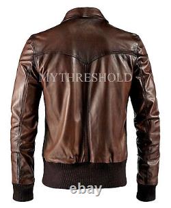 Mens Biker Vintage Motorcycle Distress Brown Lambskin Cafe Racer Leather Jacket