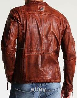 Mens Biker Vintage Motorcycle Distressed Brown Cafe Racer Leather Jacket-BNWT