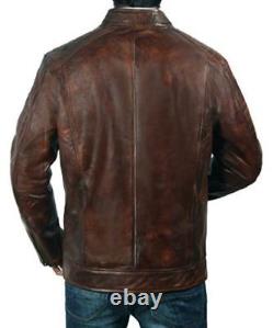 Mens Biker Vintage Motorcycle Distressed Brown Cafe Racer Leather Jacket BNWT